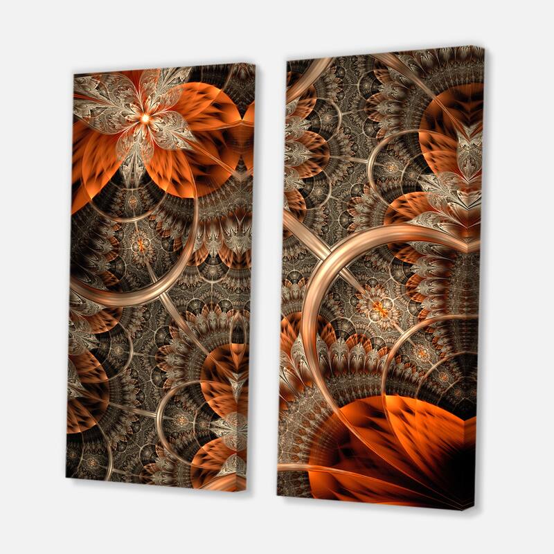 Designart "Orange Brown Digital Art Fractal Flower" Floral Canvas Wall Art Print 2 Piece Set