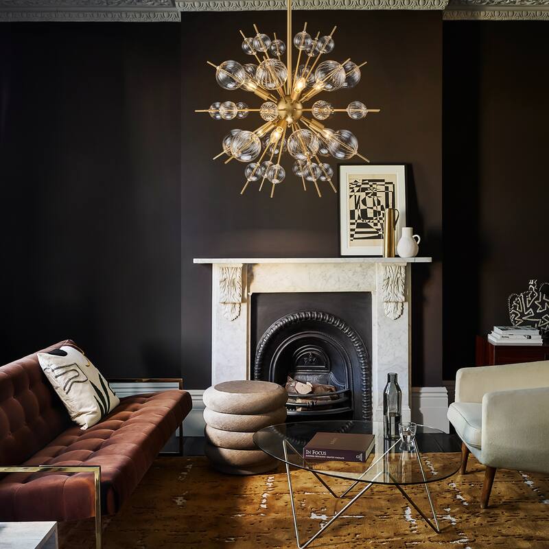 6-Light Mid-Century Modern Gold Linear Sputnik Textured Clear Glass Globe Bubble Chandelier for Dining Room