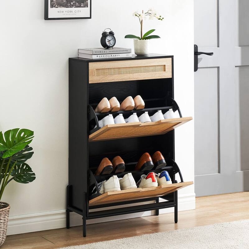 Rattan Shoe Cabinet with 2 Flip Drawers and 1 Small Drawer