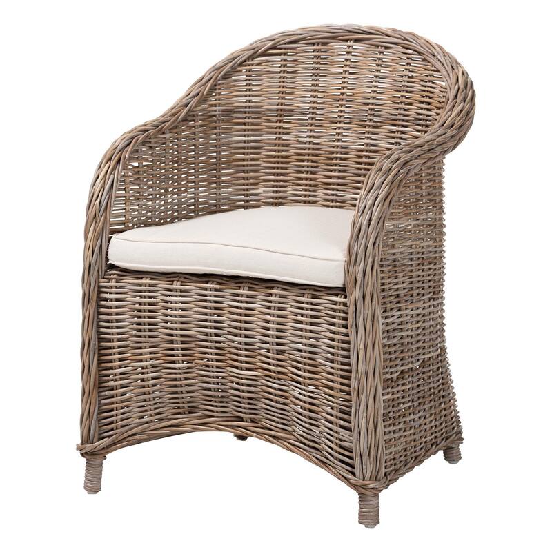 Amanda Natural Rattan Armchair - Handwoven Wicker Barrel Chair with Removable Cushion, Coastal Boho Style Accent Seating - Kubu Grey