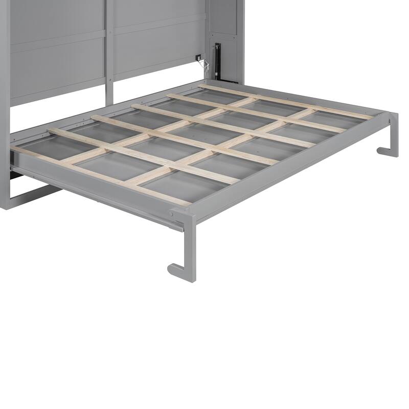 Modern Queen Size Murphy Wall Bed with LED Lights, Space-Saving Design, Gray