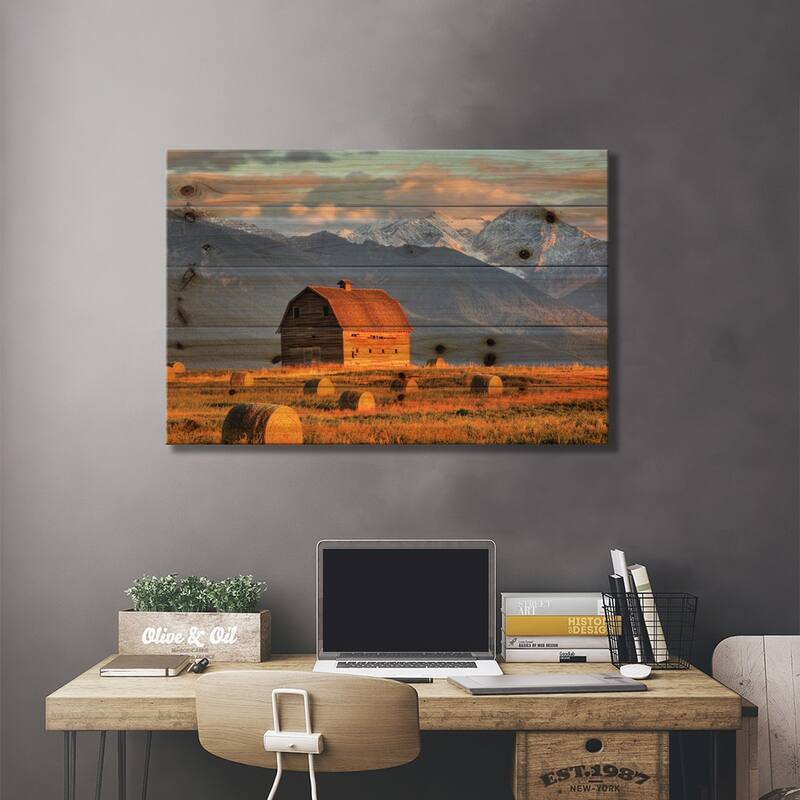 Dupuis Barn With Mission Range In The Background, Ronan, Lake County, Montana, USA Print On Wood by Chuck Haney - Multi-Color