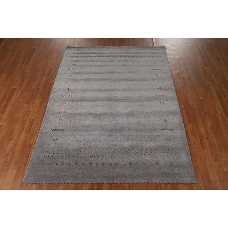 Hand Knotted Oriental 100% Wool Carpet Tribal Animal Pictorial Greys & Charcoal Gabbeh Area Rug - 7' 8'' X 5' 9''