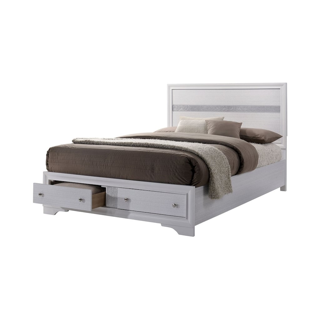 Eastern King Bed with Drawers - White Panel Bed Frame, Silver Accents, Wooden Construction