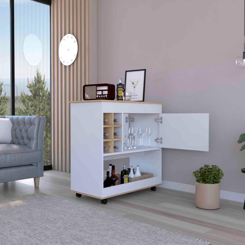 Anmytek Multifunctional Wine Storage Cabinet 6 Bottle Cubbies 1 Cabinet Lower Panel Light Oak and White