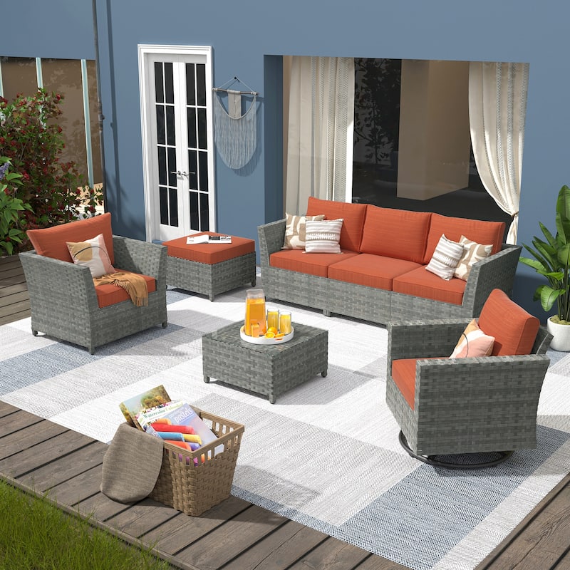 XIZZI 7-piece Outdoor Patio Furniture Wicker Conversation Set - Red/Orange