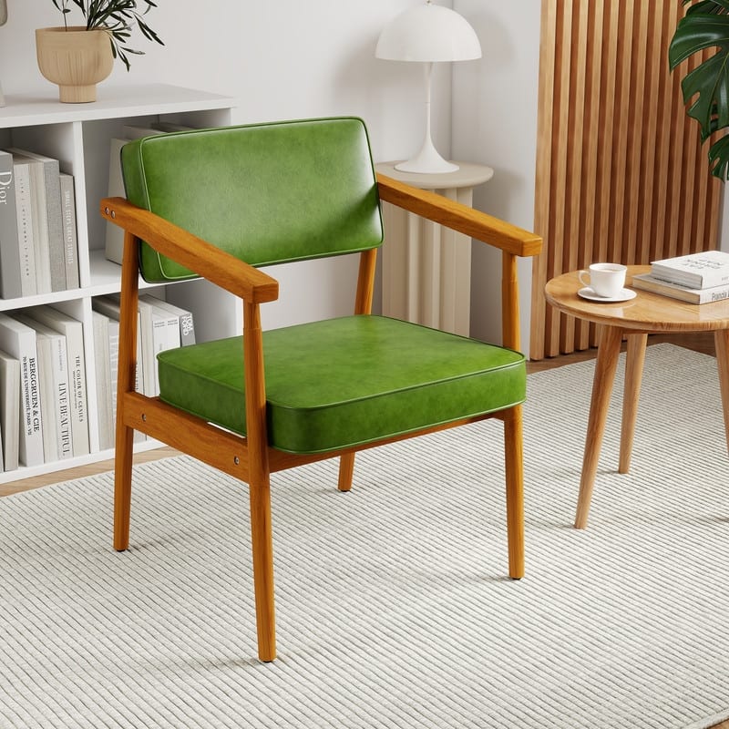 Walnut Faux Leather Upholstered Dining Chair Padded Armchair Solid Wood Open Back