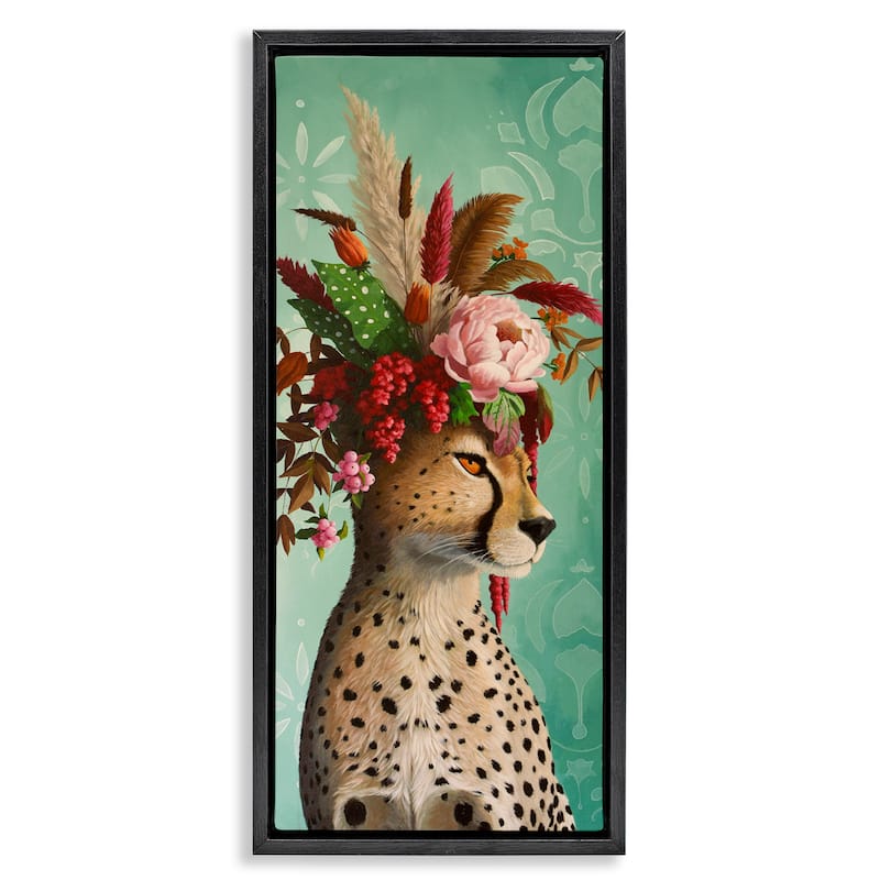 Stupell Elegant Leopard with Flower Arrangement Framed Floater Canvas Wall Art Design By Heather Gauthier - 11 x 25 - Black