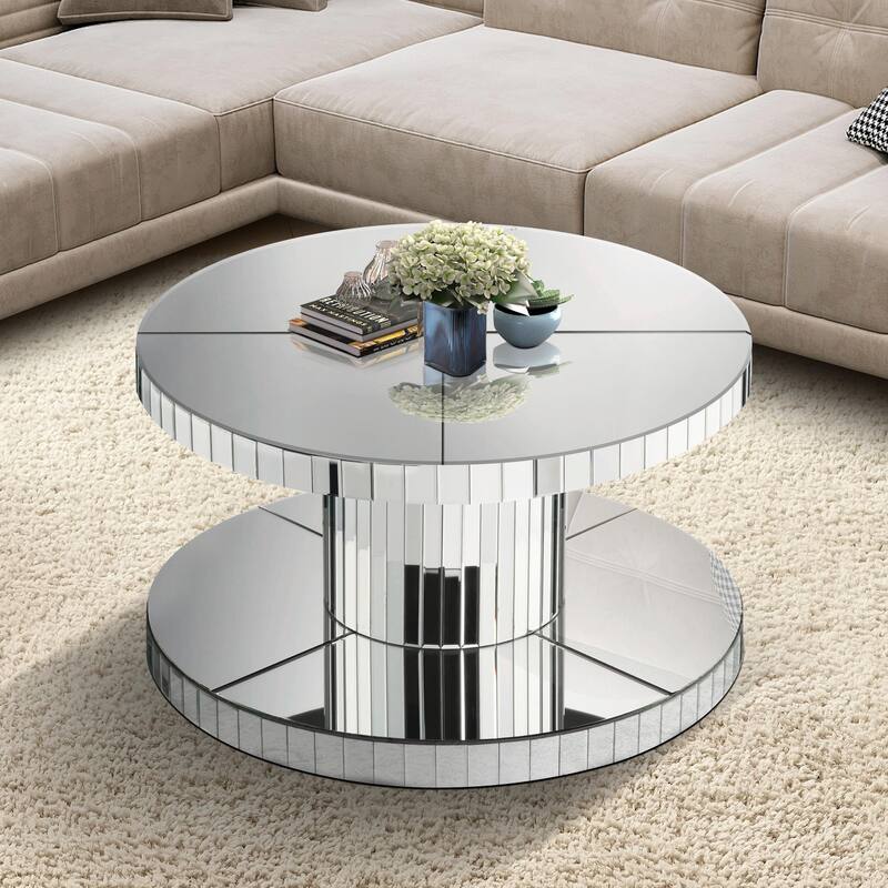 Double-Tier Luxury Round Mirror Coffee & End Table with Fluted Glass - 31.5" Diameter Modern Sofa Side Table - Silver