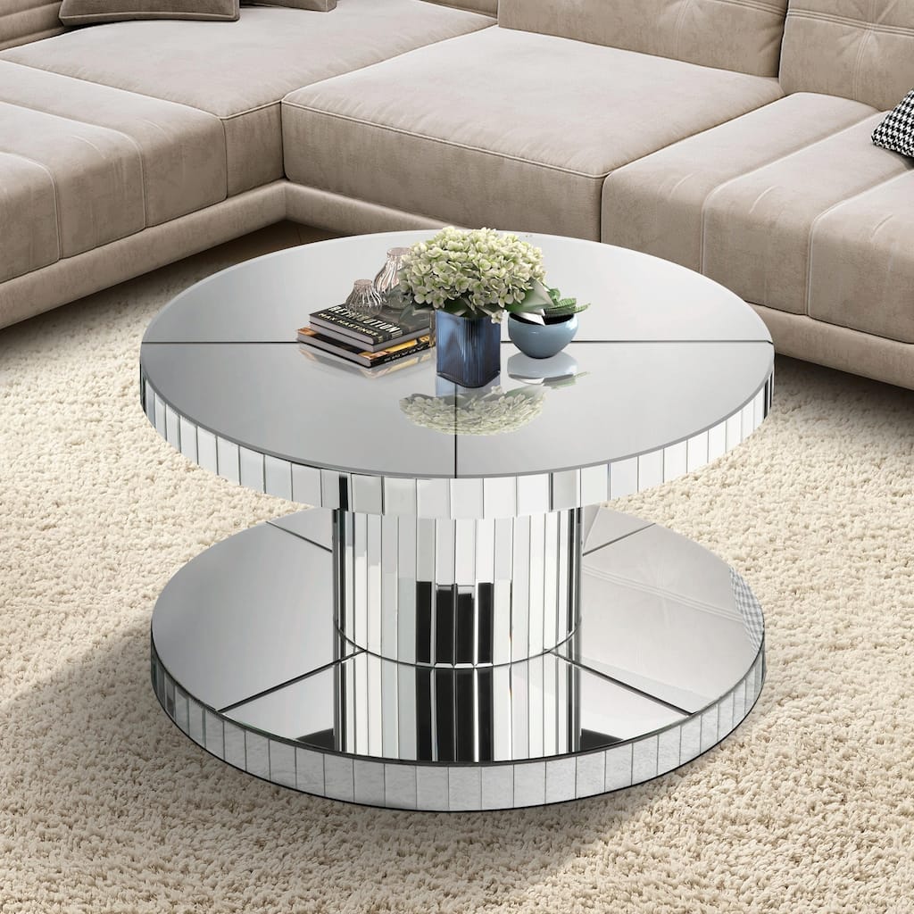 Double-Tier Luxury Round Mirror Coffee & End Table with Fluted Glass - 31.5" Diameter Modern Sofa Side Table