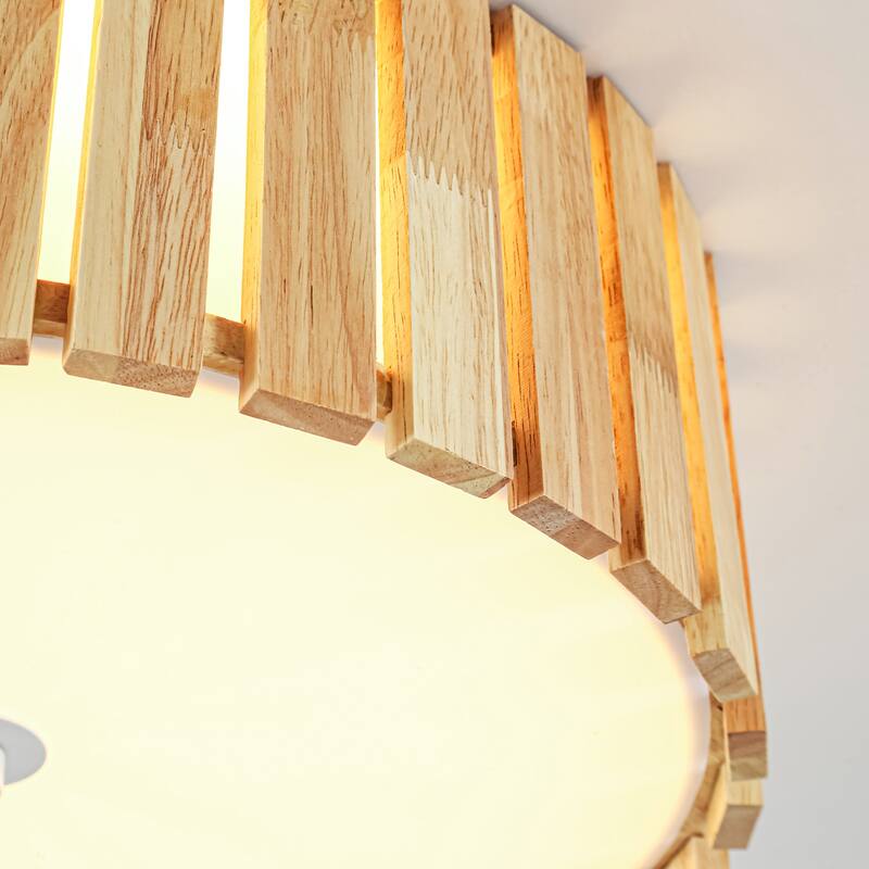 14.2" Rustic Boho Wooden Strips Cylindrical Drum Shade LED Flush Mount Ceiling Light for Living Room