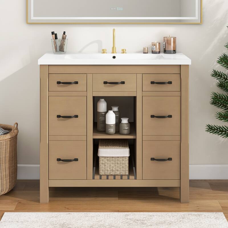 36" Solid Wood Frame Bathroom Cabinet