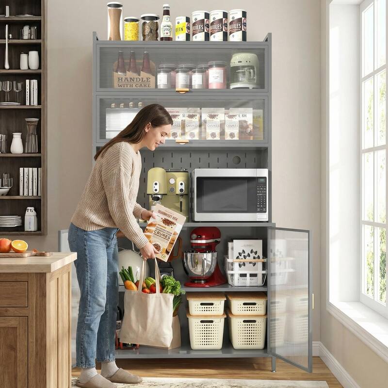 Homy Casa 73'' Tall Kitchen Pantry Cabinet 6 Flip Doors & Pegboard