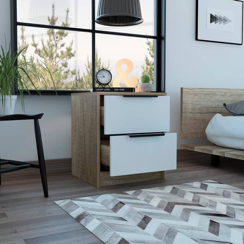 Modern Two-Drawer Nightstand, White & Light Oak, Metal Hardware