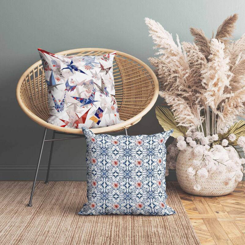 Origami Elegance Indoor/Outdoor Reversible Throw Pillow White and Blue