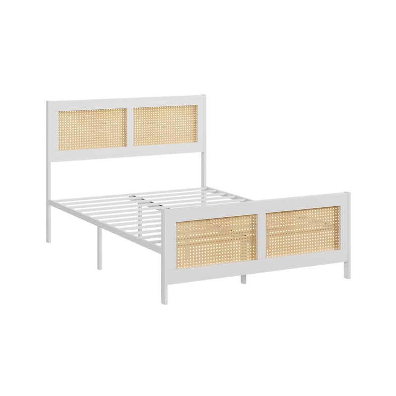 Rattan Bed Frame with Headboard, White Boho Cane Platform Bed Frame with Strong Metal Slat, Noise Free