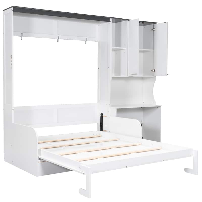 Space-saving Foldable Bed Design Murphy Bed Foldable Platform Bed with Sofa, All-in-one Storage Bookcase Cabinet and Desk