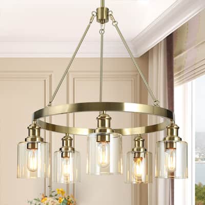 Oriva Modern 5-Light Gold Wagon Wheel Chandelier with Clear Glass Shades - Brushed Electroplated Copper - Dia.25"xH26.5"