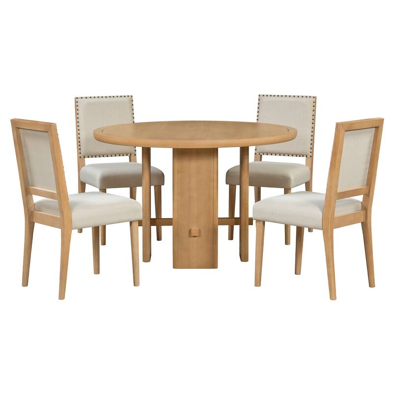 5-Piece Round Dining Table Set with Solid Wood Upholstered Chairs for Minimalist Farmhouse Design