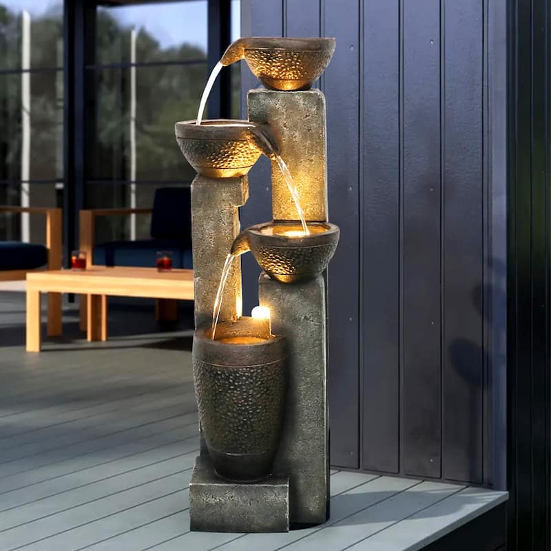 4-Tier Outdoor Water Fountains w/LED Lights - Floor Standing Fountain - Polyresin - Floor/Lighted - Grey