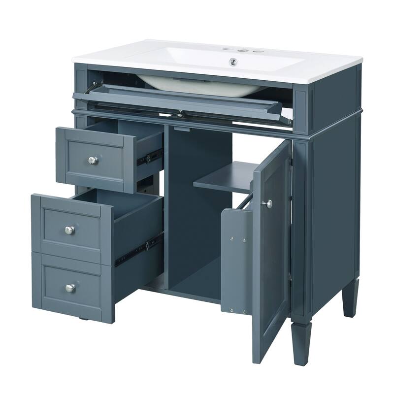 Modern 30" Bathroom Vanity with Ceramic Sink, 2 Drawers & Tip-Out Drawer for Bathroom Storage