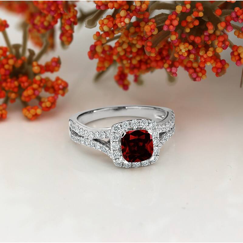 Auriya 9/10ct Cushion Cut Garnet Diamond Halo Engagement Ring 5/8ctw Platinum