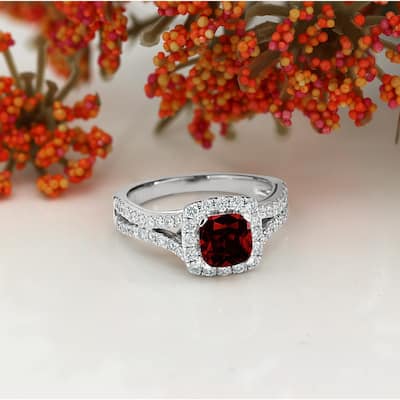 Auriya 9/10ct Cushion Cut Garnet Diamond Halo Engagement Ring 5/8ctw Platinum
