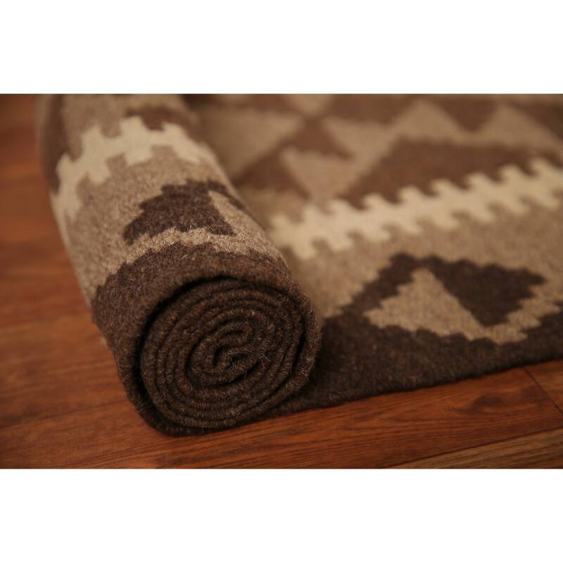 Brown Kilim Reversible Area Rug Flat-weave Wool Foyer Carpet - 3'2" x 5'3"