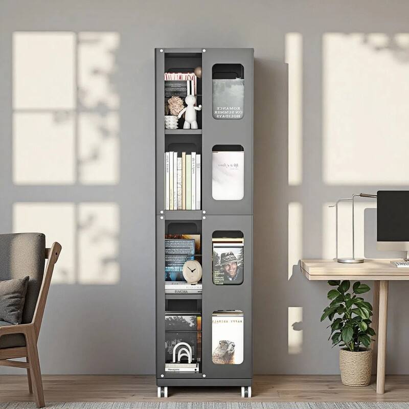 Rotating Bookshelf Tower 4 Tier All-Steel with 360° Wheels，Moveable Storage Rack Corner Bookshelf