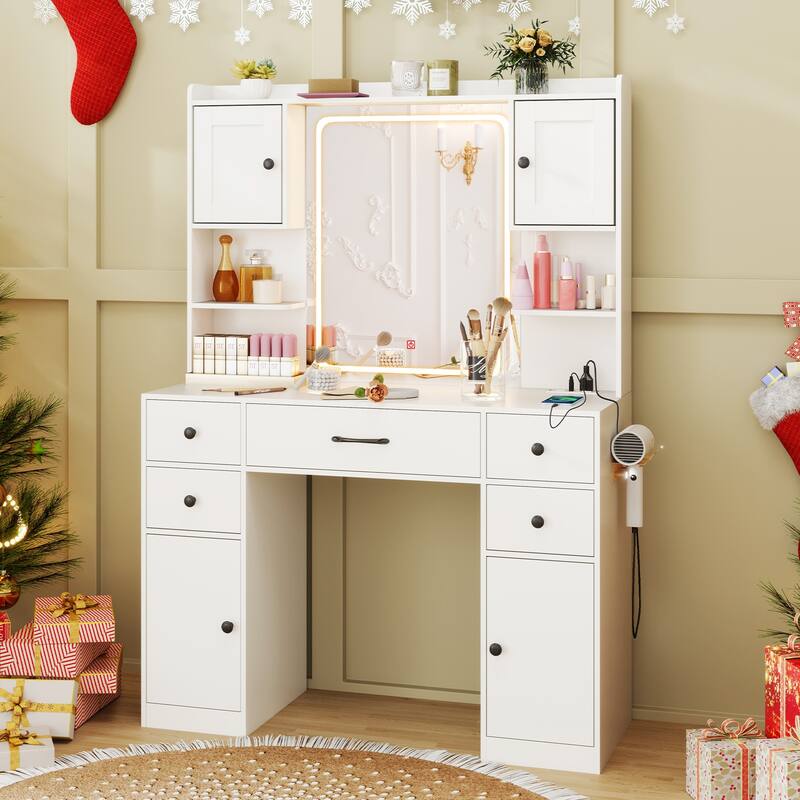 Gymax Makeup Vanity Desk w/ Lighted Mirror Charging Station 3-Color