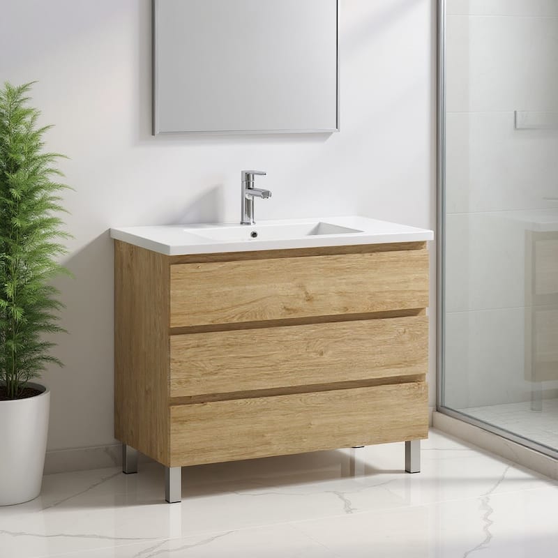 HomeRoots 40" Oak Wood Freestanding Bathroom Vanity With White Sink And Three Drawers - 40.00 in. x 39.06 in. x 18.10 in. - 40.00 in. x 39.06 in.  x 18.10 in. - Polished - Oak