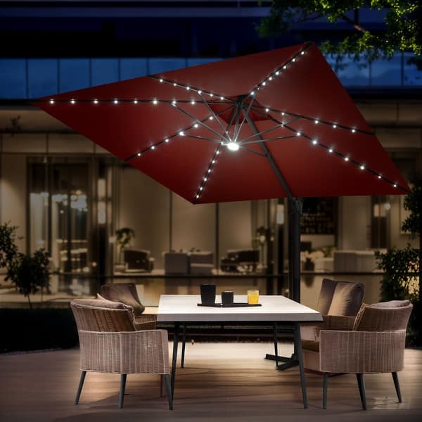 brown square patio umbrella with lights VredHom 11X11 FT Outdoor Square Aluminum Cantilever Patio Umbrella Solar  LED Light