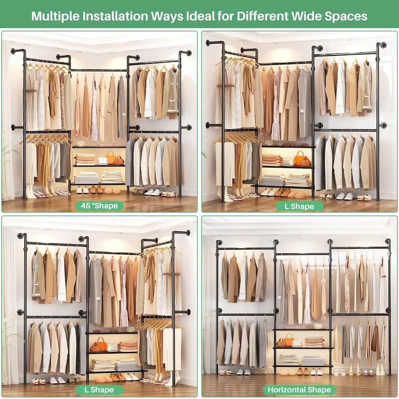 Industrial Pipe Garment Rack with Expandable Hanging Rods and Shelves,Reversible Walk-in Closet Organizer System Clothing Rack