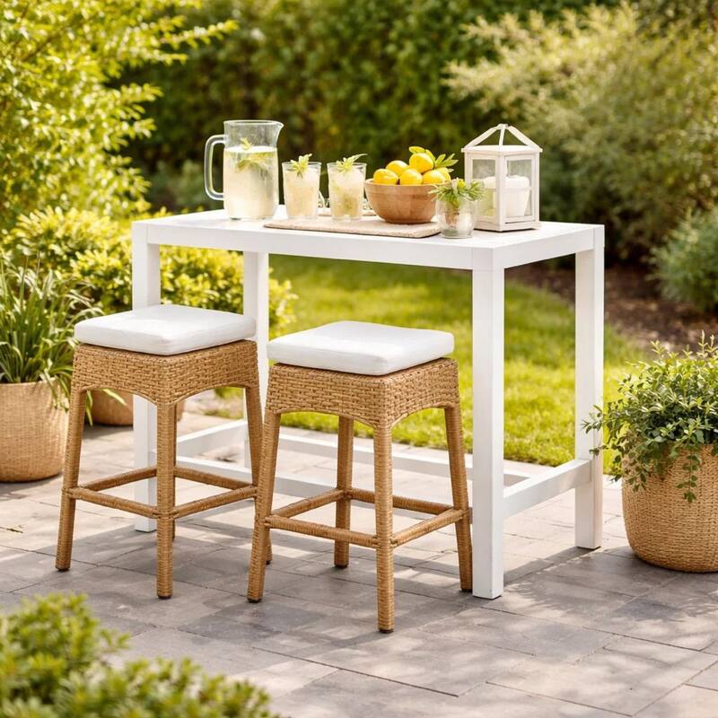 Kylo 59 Inch Outdoor Bar Height Table, White Aluminum Frame, Plank Surface