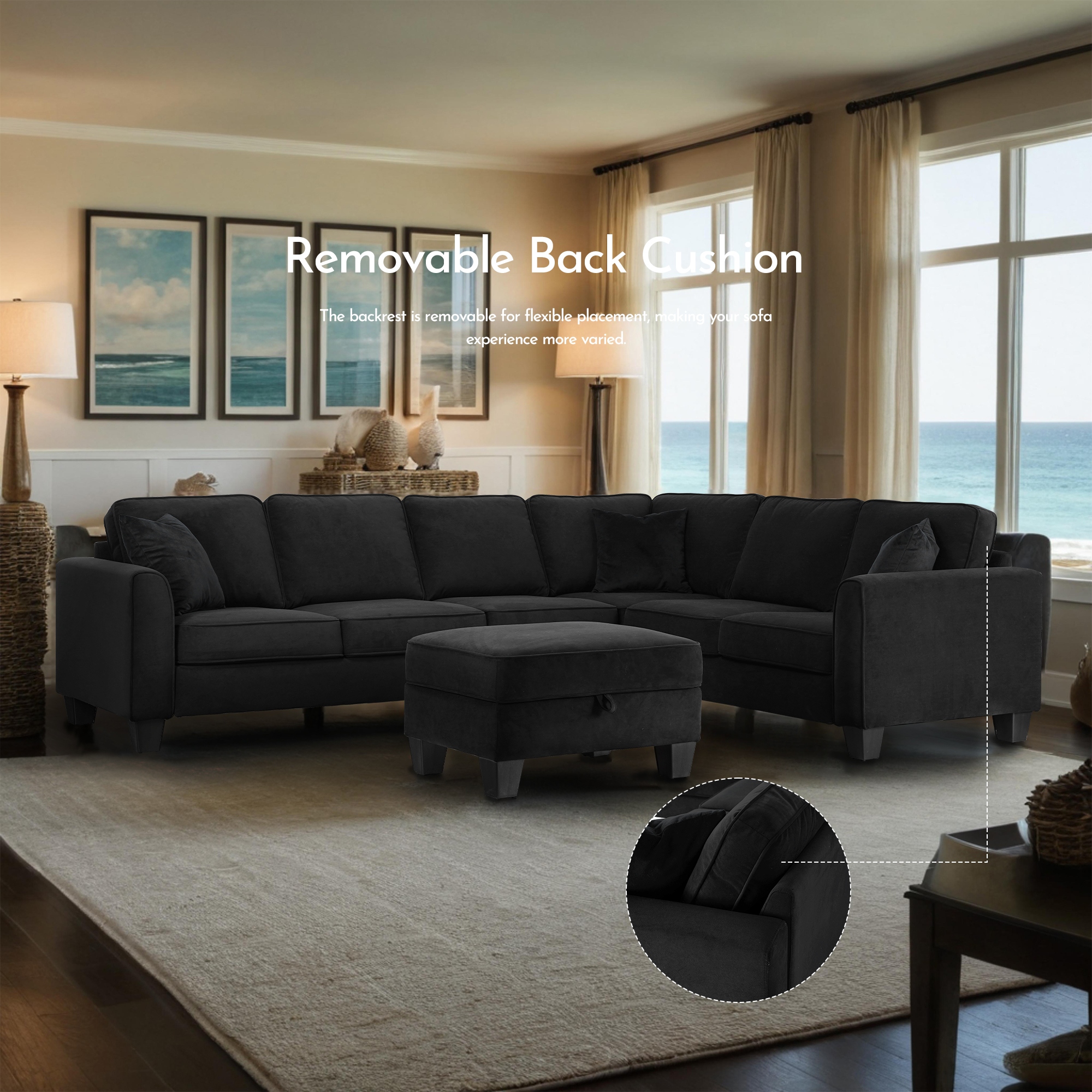 112 Width Black L Shape Sectional Livingroom Modular Sofa with Storage Ottoman