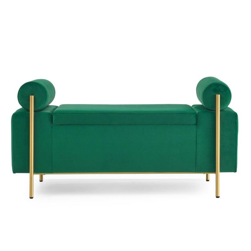 Morden Velvet Upholstered Storage Ottoman Bench, Elegant Footstool with Rolled Arms and Iron Legs for Bedroom, Hallway