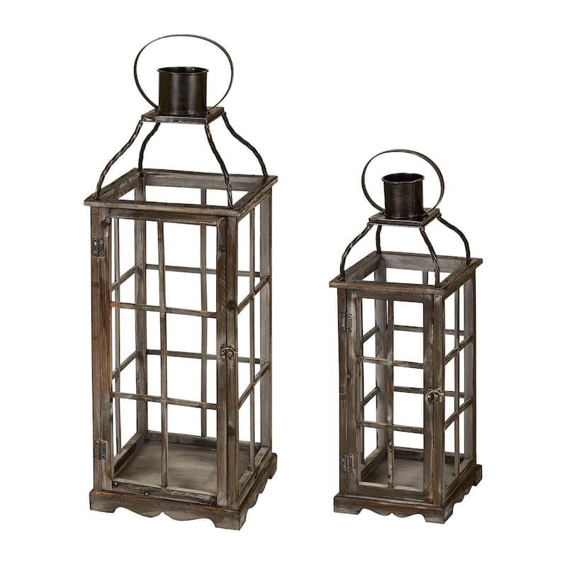 Glitzhome Farmhouse Wooden Metal Cage Candle Holders Patio Hanging Vintage Lanterns (Set of 2)