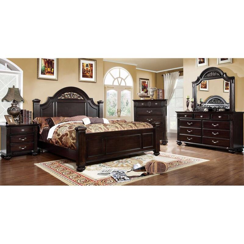 Wooden Bed With Floral Design in Headboard, Dark Walnut