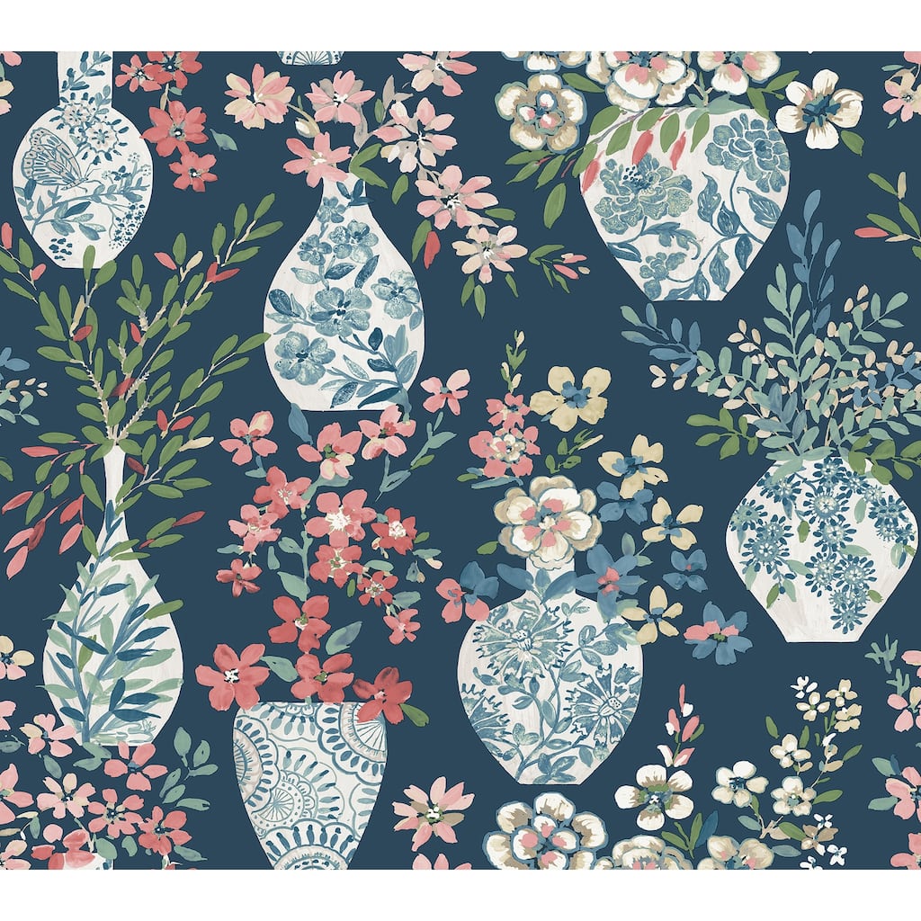 A-Street Prints Harper Teal Floral Vase Wallpaper