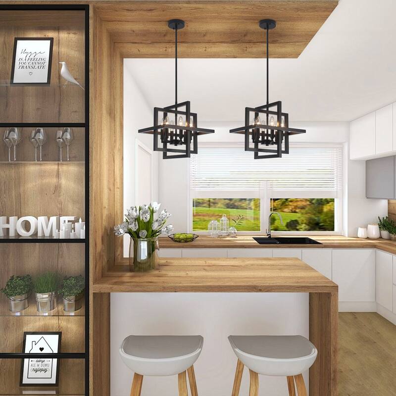 12.99" Wide 6-Light Semi Flush Mount Chandelier, Industrial Style Square Open Frame Pendant Light for Living Room