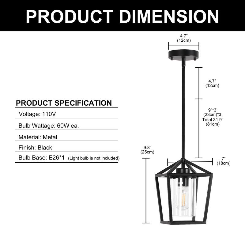 American-Style Single Pendant Light, Black Metal with Clear Glass Shade, E26 Base, Bulb Excluded - 7*7*9.8