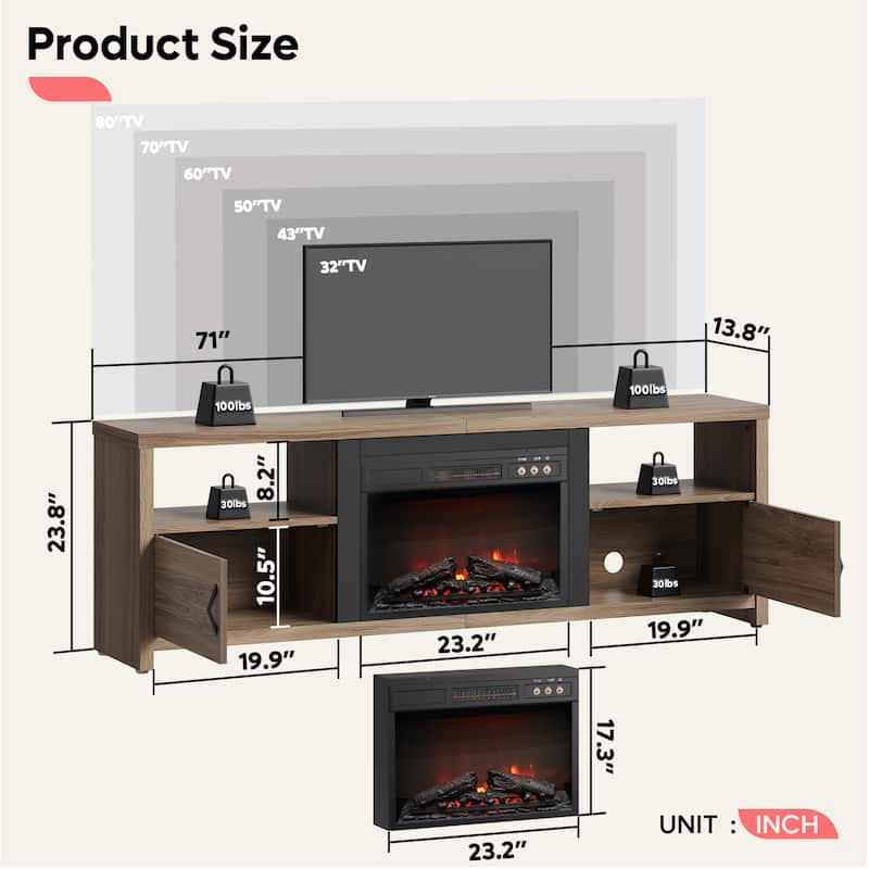 Bestier 70" Fireplace TV Stand for TVs up to 75", LED Entertainment Center with 23" Remote Control Electric Fireplace
