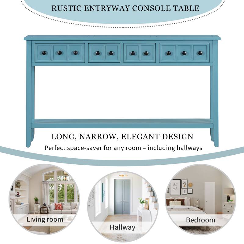 Entryway Console Table 60" Long Solid Wood Sofa Table Accent Tables with 4 Storage Drawers and Bottom Shelf for Living Room