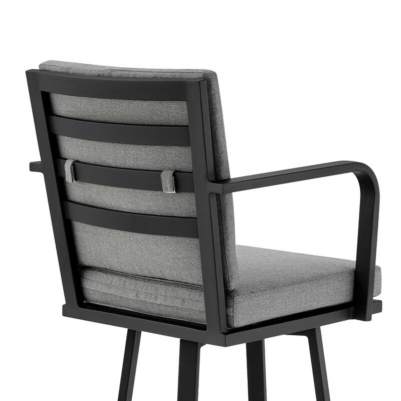Fely Outdoor Swivel Barstool Chair, Black Aluminum and Gray Cushions