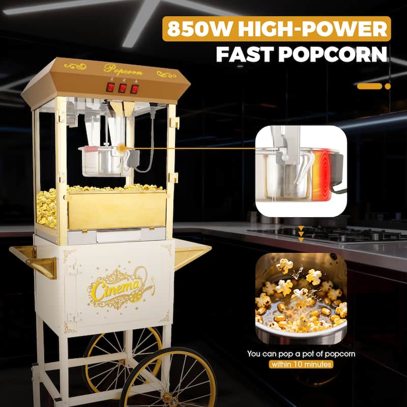 16Oz Commercial Popcorn Machine With Cart and 16 Oz Kettle, Movie Theater Popcorn Machine