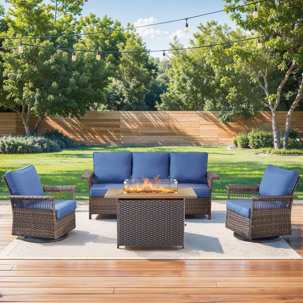 Pocassy 41 in Fire Pit Table with Patio Sofa Swivel Chair Set