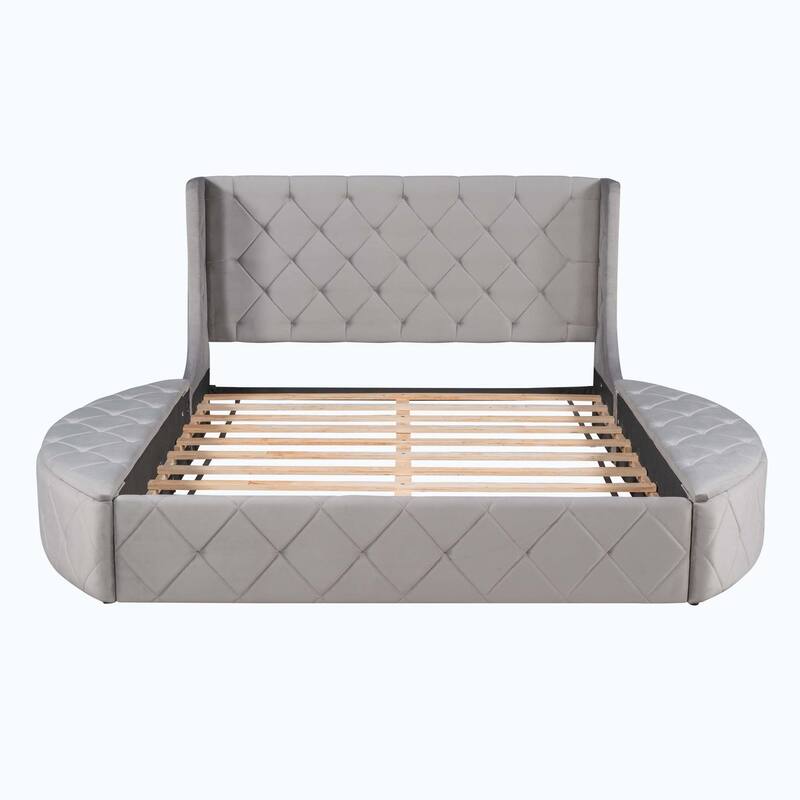 Queen Size Upholstered Platform Bed with Wingback Headboard and 1 Big Drawer,2 Side Storage Stool