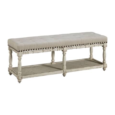 Bristol Farmhouse 53-inch Tufted Bench with Floor Shelf, Distressed