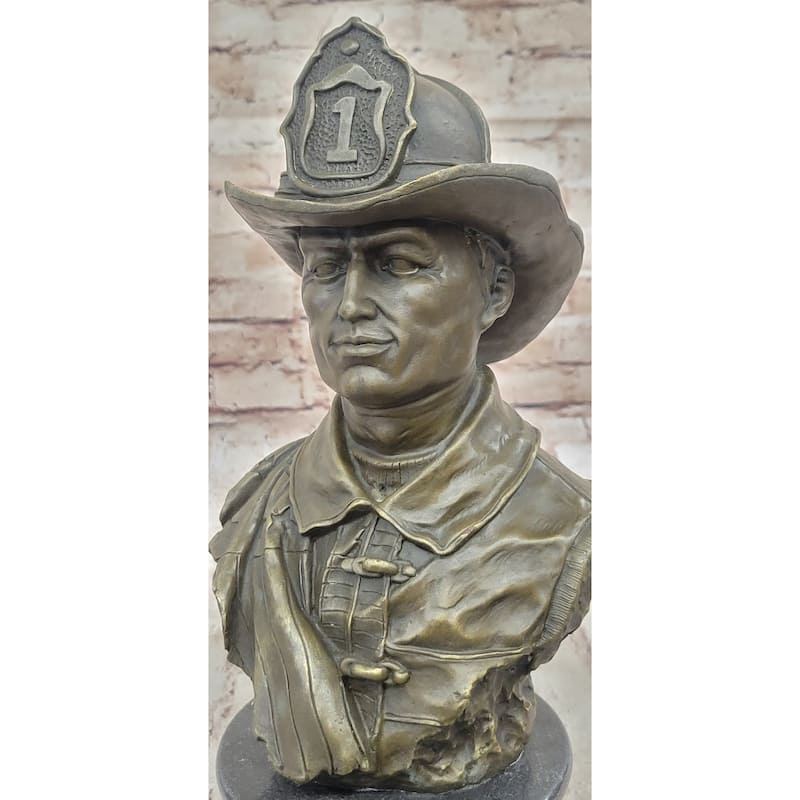 Firefighter Fireman Bronze Metal Bust Statue Sculpture Memorial On Marble Base