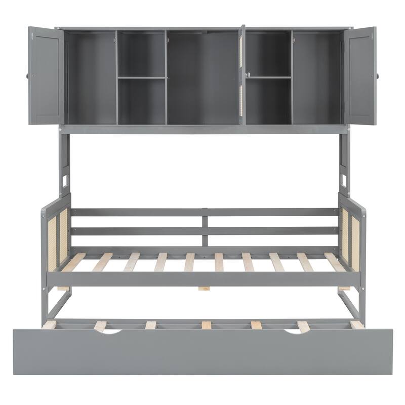 Twin Size Wooden Daybed with Twin Size Trundle, All-in-One Cabinet and Shelf, Modern Sofa Bed Frame w/ Wood Slat Support